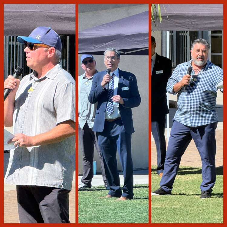A collage of speakers (Mission Principal Jason Hoff, EUSD Superintendent Luis Ibarra, and her husband, Ali Parviz)