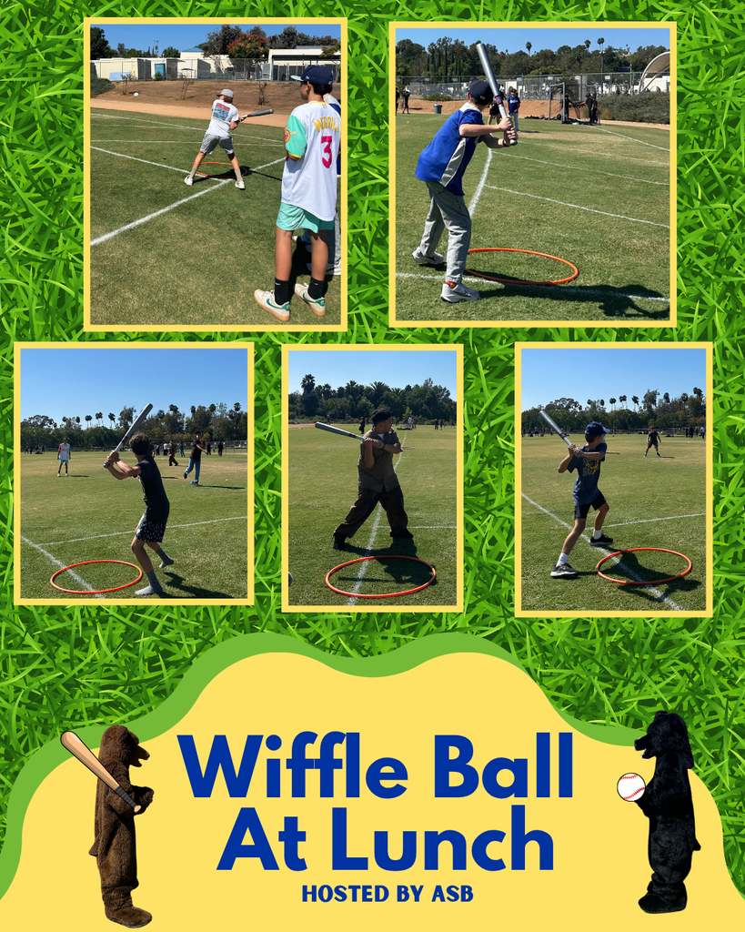 Wiffle Ball At Lunch- hosted by ASB. Pictures of students playing wiffle ball. Pictures of the school mascots bears playing wiffle ball. 
