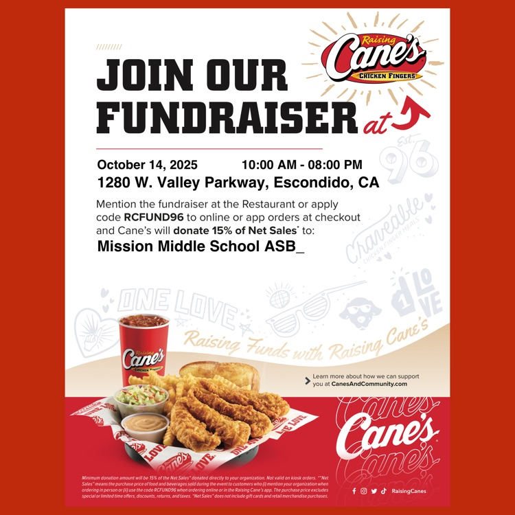 A flyer for the Mission Middle School ASB Fundraiser at Raising Cane's