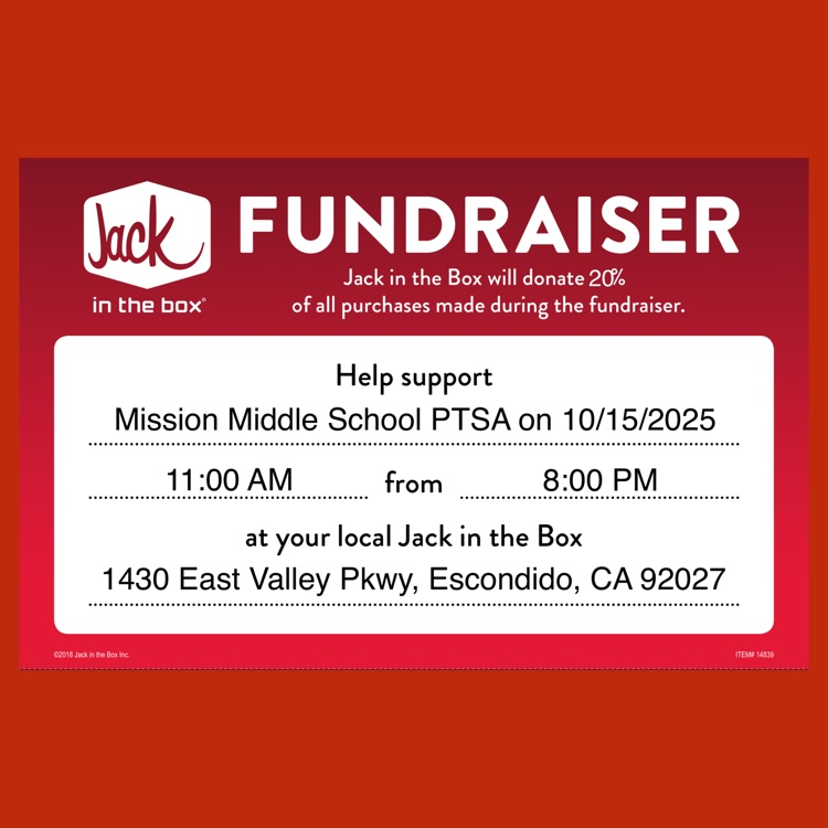 A flyer for the Mission Middle School PTSA Fundraiser at Jack in the Box