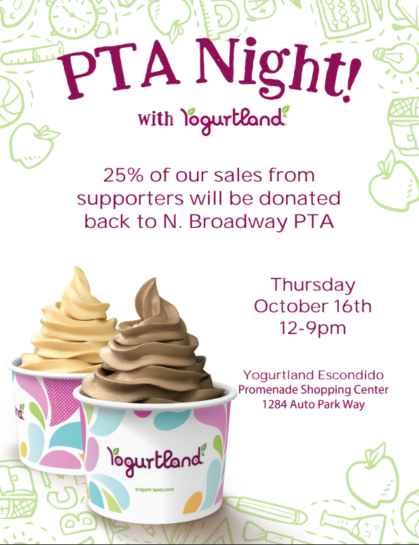 PTA Night with Yogurtland. 25% of all sales will go back to our school! Yogurtland Escondido, Promenade Shopping Center, 1284 Auto Parkway