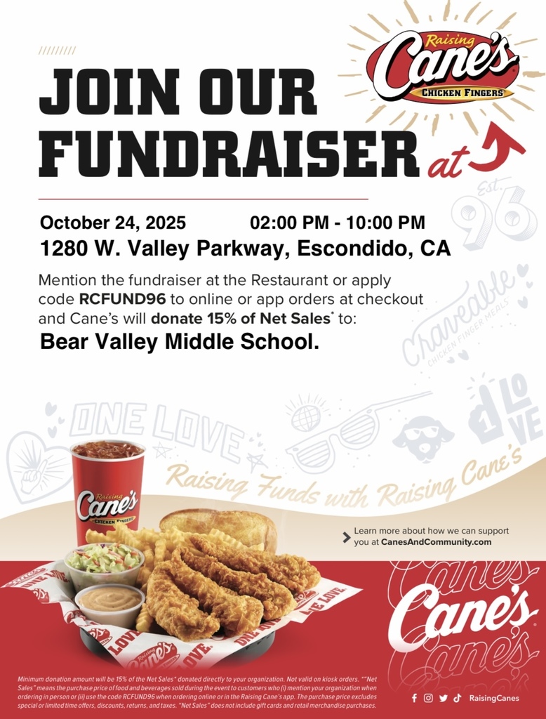 Raisin Canes Bear Valley Fundraiser Flyer for event on 10/24 2:00-10:00pm