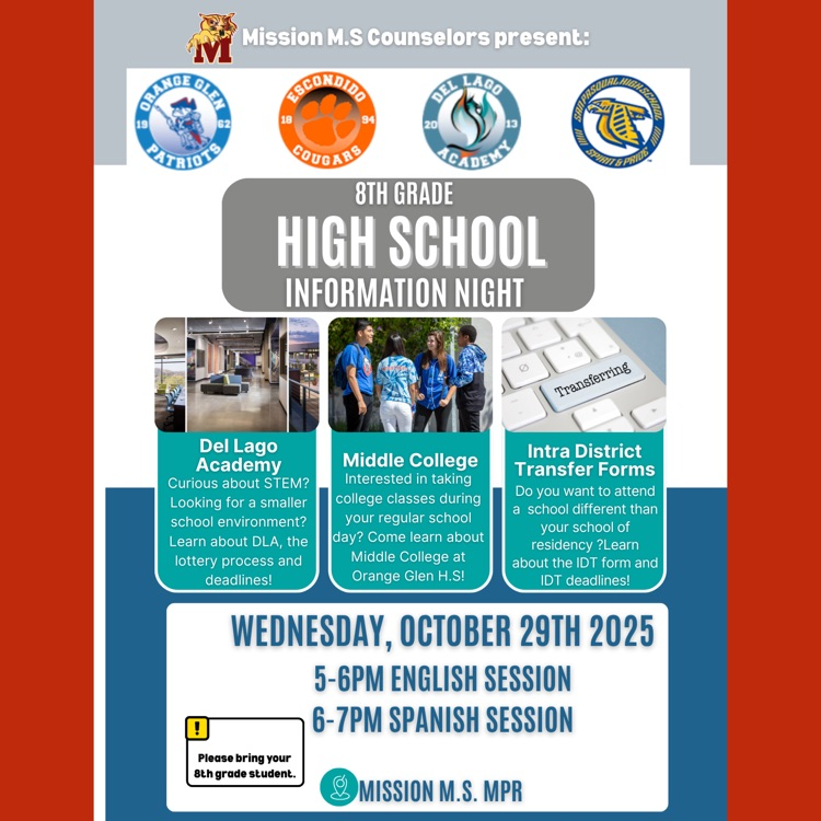An English language flyer for the 8th Grade High School Information Night