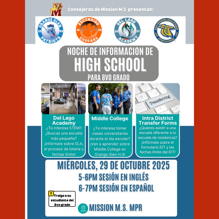 A Spanish language flyer for the 8th Grade High School Information Night
