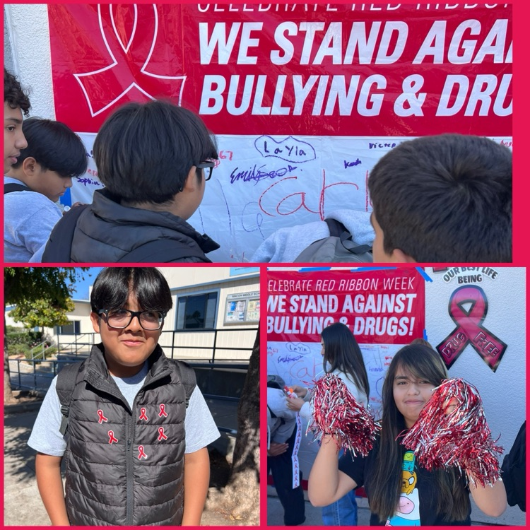 red ribbon week photo collage of students pledging to be drug free. 