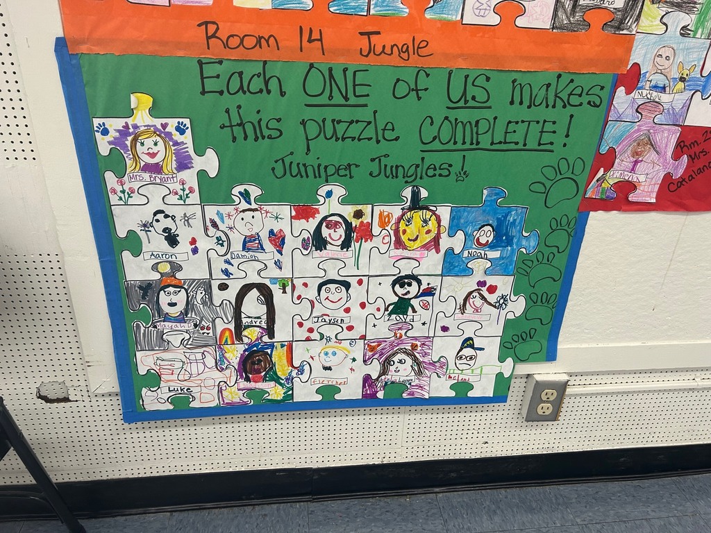 Puzzle pieces with drawings of students