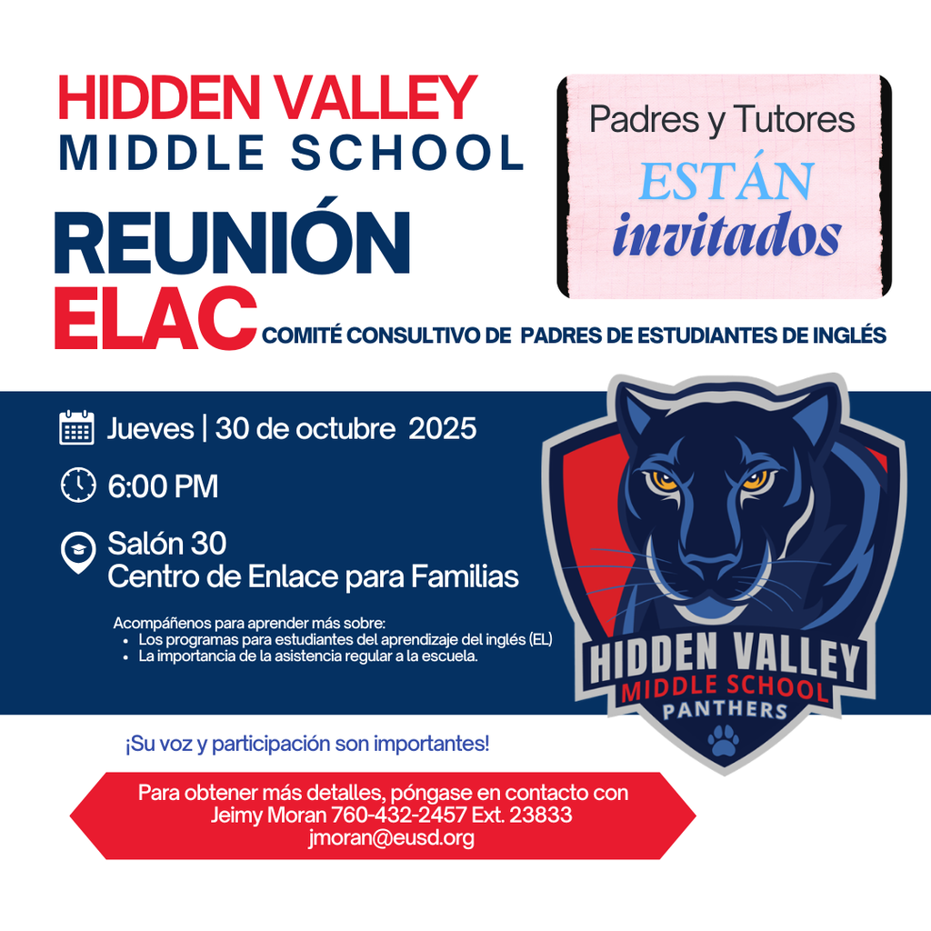 Flyer in Spanish about ELAC meeting at Hidden Valley Middle School.