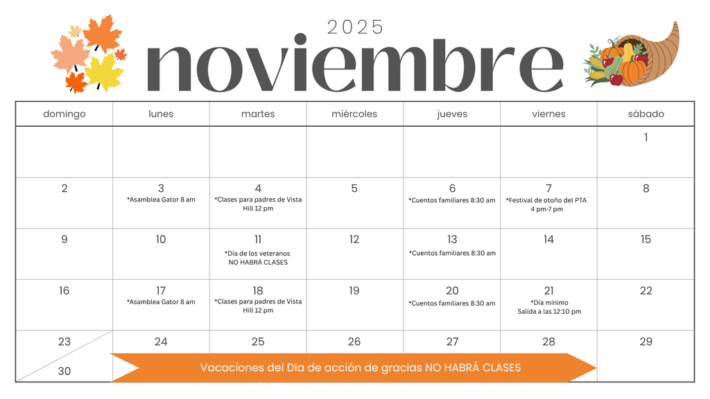 Nov 2025 Parent Calendar Spanish