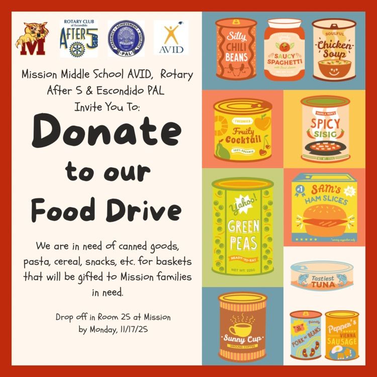 A flyer for the Mission Middle School AVID Food Drive