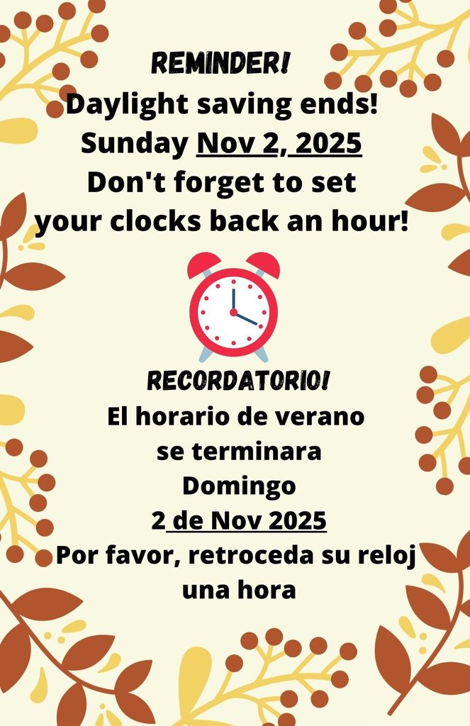 flyer has leaves and a clock in the middle, stating daylights savings starts Nov 2nd