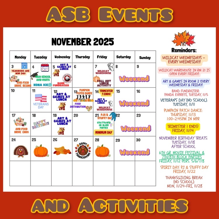 A calendar of ASB Events and Activities for November 2025