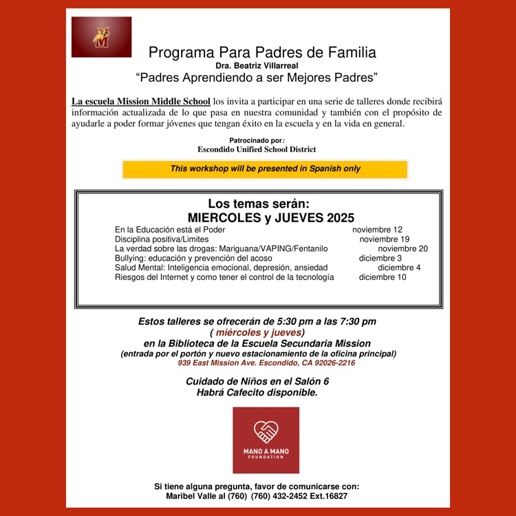 A Spanish language flyer for the "Parents Learning To Be Better Parents" workshop series
