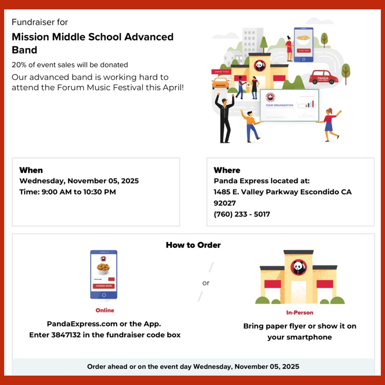 An English language flyer for the Mission Middle School Band Fundraiser at Panda Express