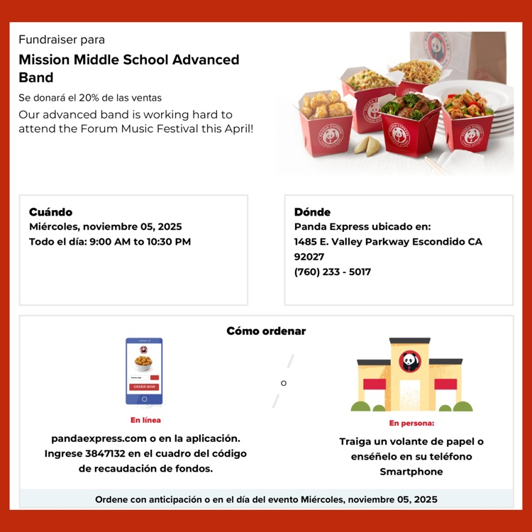 A Spanish language flyer for the Mission Middle School Band Fundraiser at Panda Express