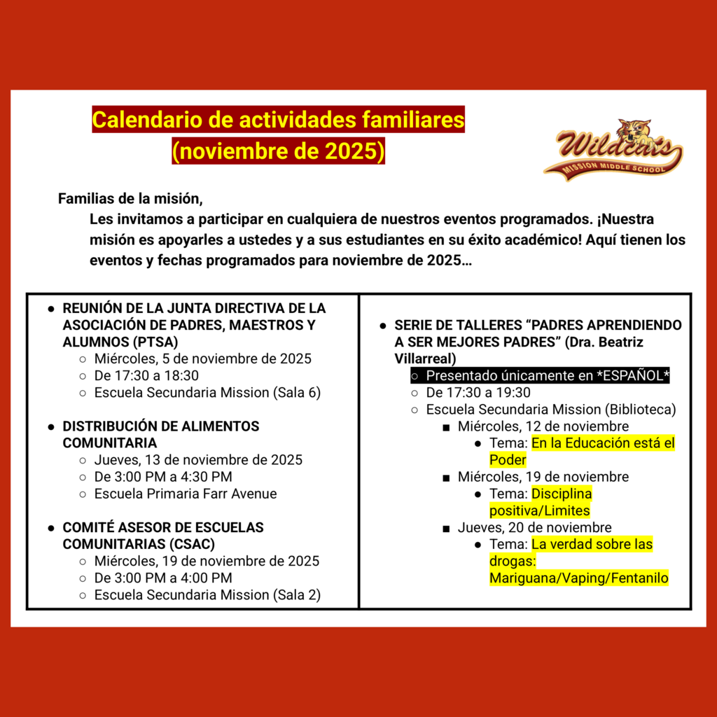 Page 1 (of 2) of the Spanish language Family Engagement Calendar for November 2025