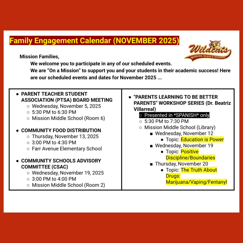 Page 1 (of 2) of the English language Family Engagement Calendar for November 2025