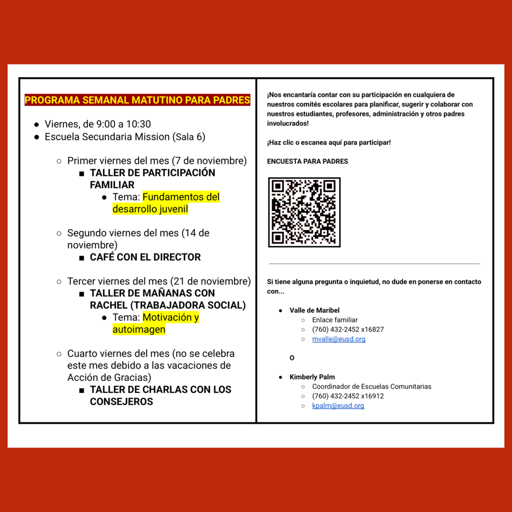 Page 2 (of 2) of the Spanish language Family Engagement Calendar for November 2025
