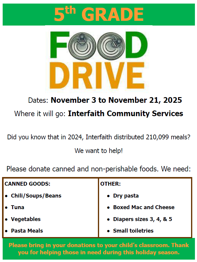5th Grade Food Drive flyer for the Interfaith Community Service