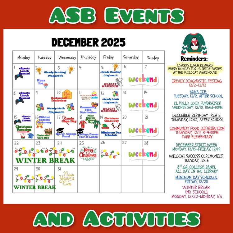 A calendar of ASB Events and Activities for December 2025