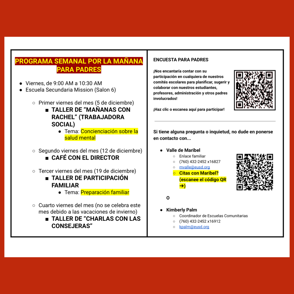 Page 2 (of 2) of the Spanish language Family Engagement Calendar for December 2025