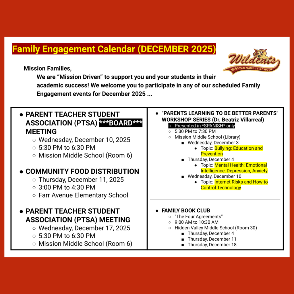 Page 1 (of 2) of the English language Family Engagement Calendar for December 2025
