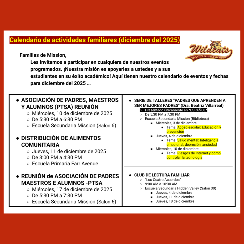 Page 1 (of 2) of the Spanish language Family Engagement Calendar for December 2025