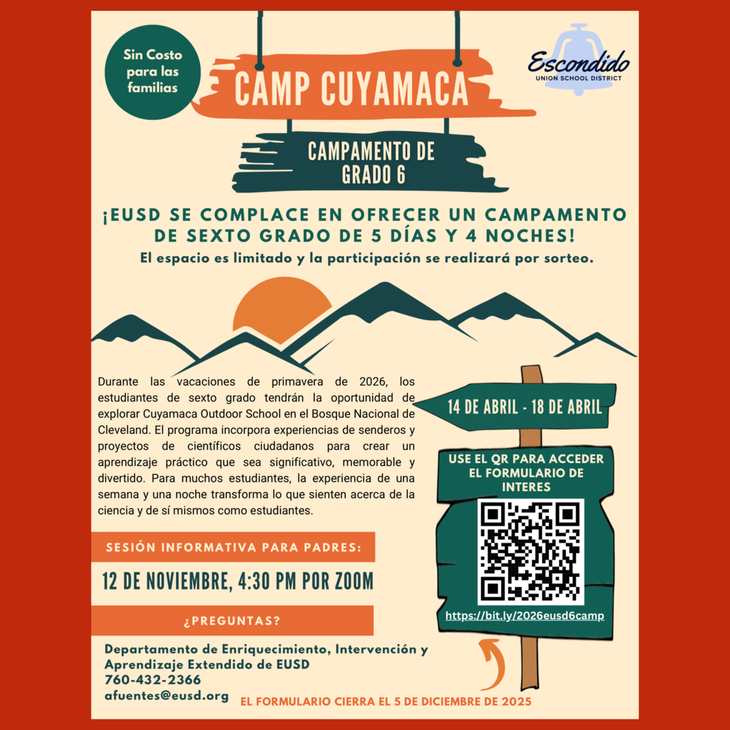 A Spanish language flyer for this year’s Camp Cuyamaca 6th Grade Camp