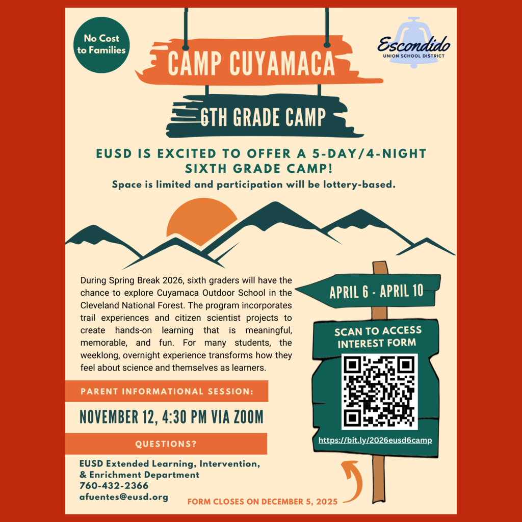 An English language flyer for this year’s Camp Cuyamaca 6th Grade Camp