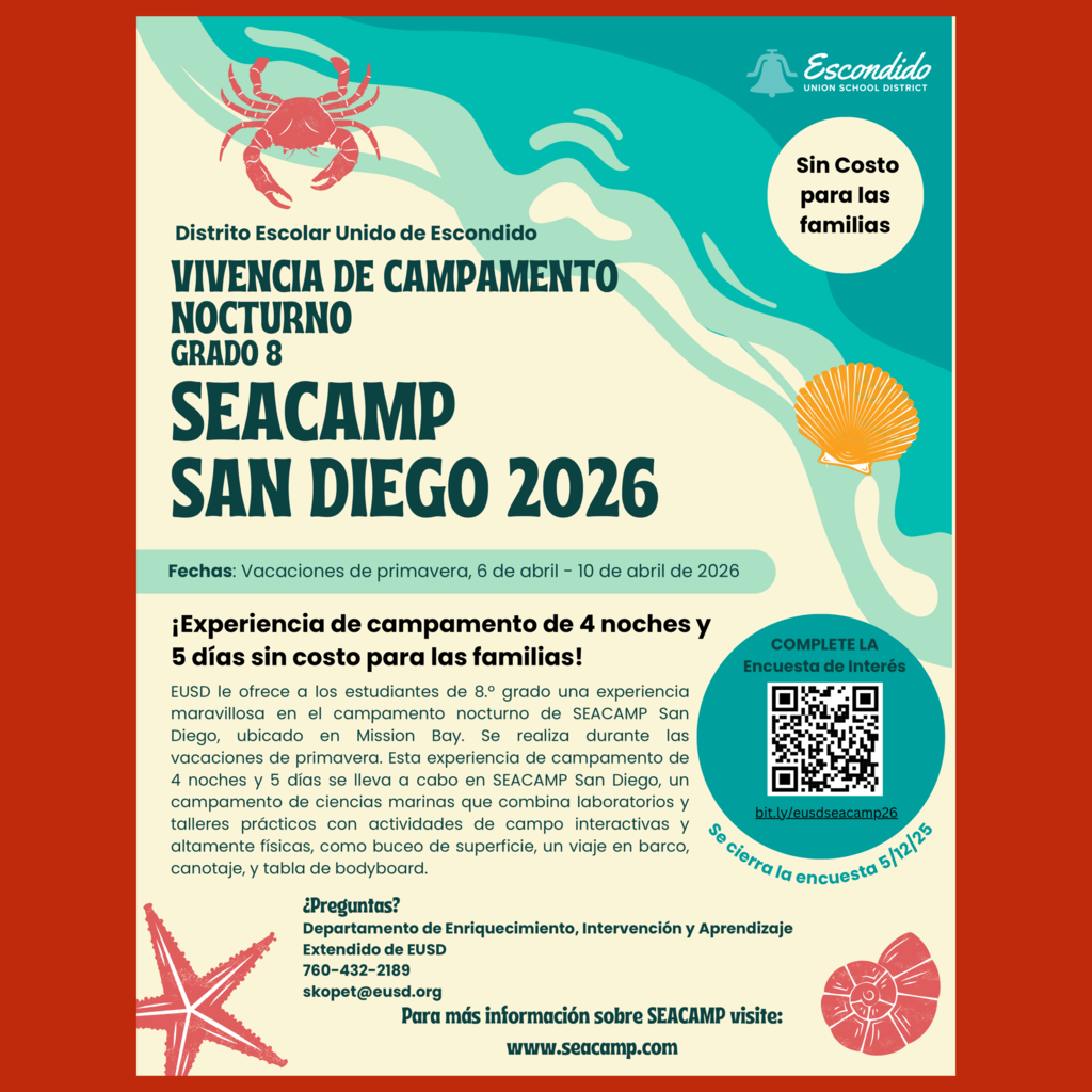 A Spanish language flyer for this year’s SEACAMP San Diego 8th Grade Camp