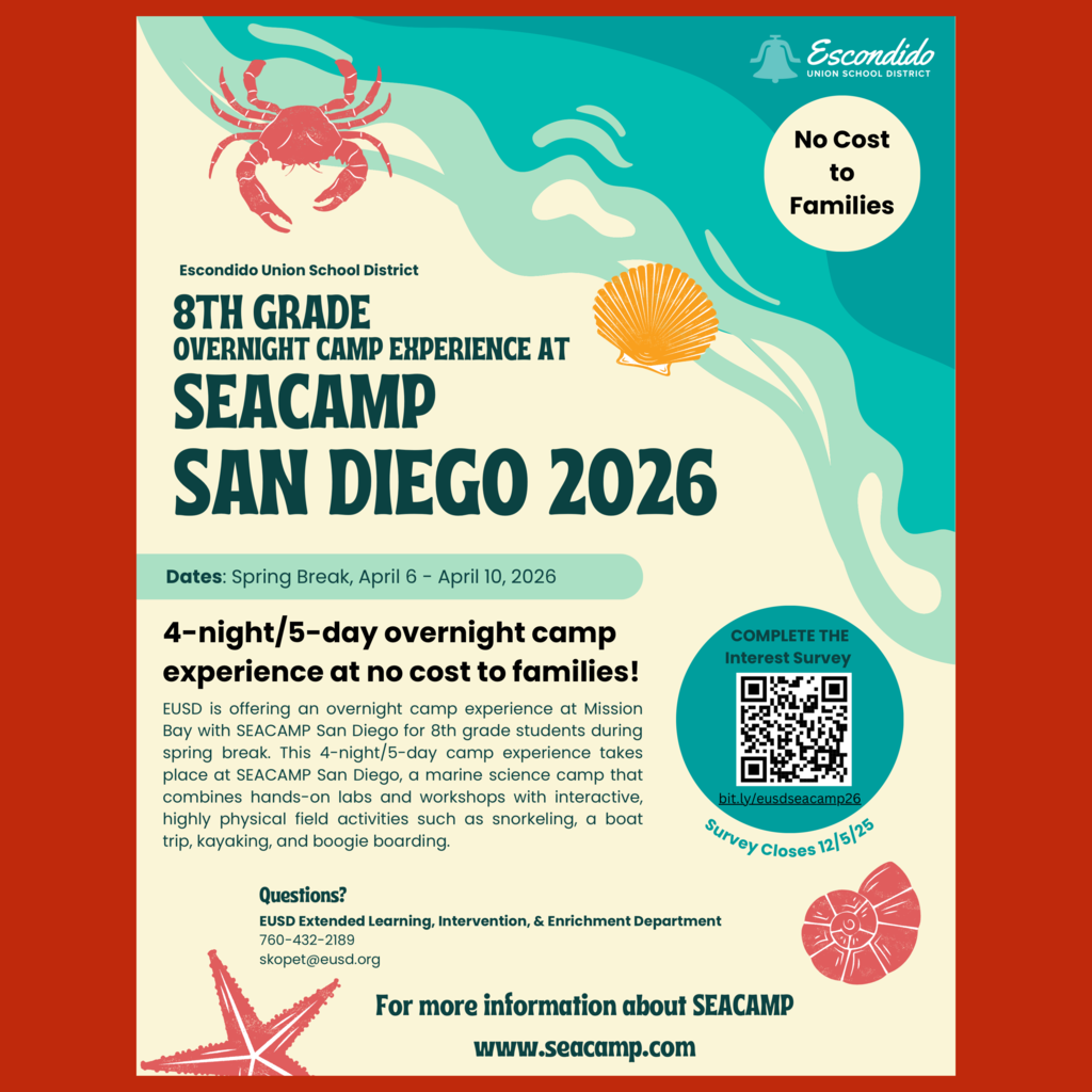 An English language flyer for this year’s SEACAMP San Diego 8th Grade Camp