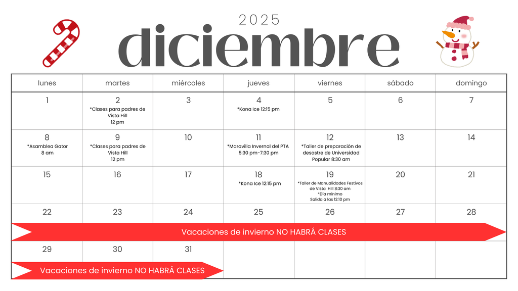 December 2025 Parent Calendar Spanish