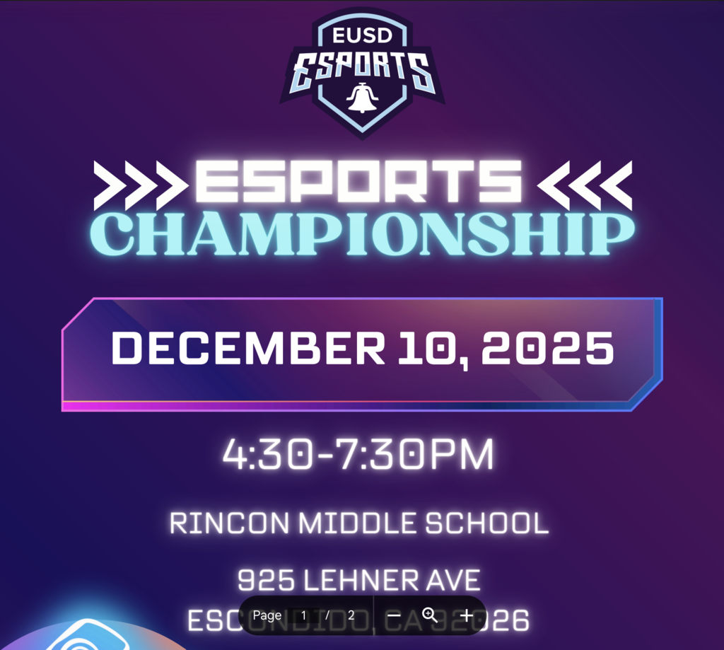 esports championship 12/10 from 4:30-7:30 at Rincon Middle School 925 Lehner Ave, Escondido 92026