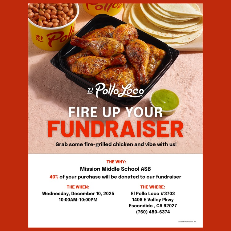 A flyer for the Mission Middle School ASB Fundraiser at El Pollo Loco