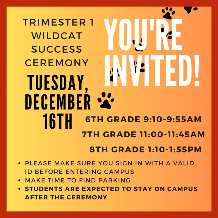 An English language flyer for the Trimester 1 Wildcat Success Ceremony
