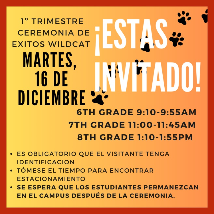 A Spanish language flyer for the Trimester 1 Wildcat Success Ceremony