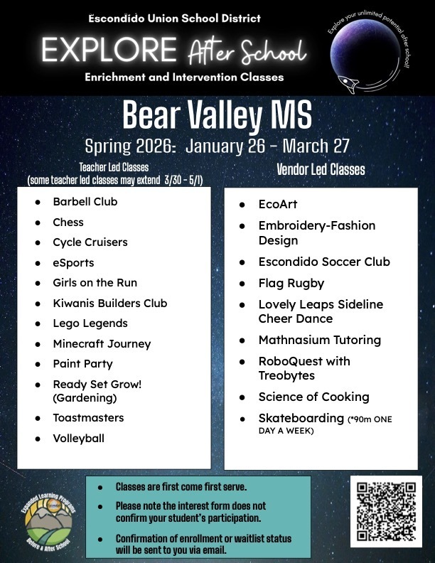 Flyer for EXPLORE Afterschool Enrichment and Intervention classes offered at BVMS January 26th-March 27th