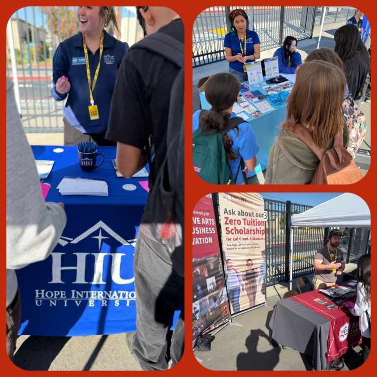 A collage featuring three of the professional organizations that came to this year's College & Career Day (Hope International University, MiraCosta College, and John Paul the Great Catholic University)