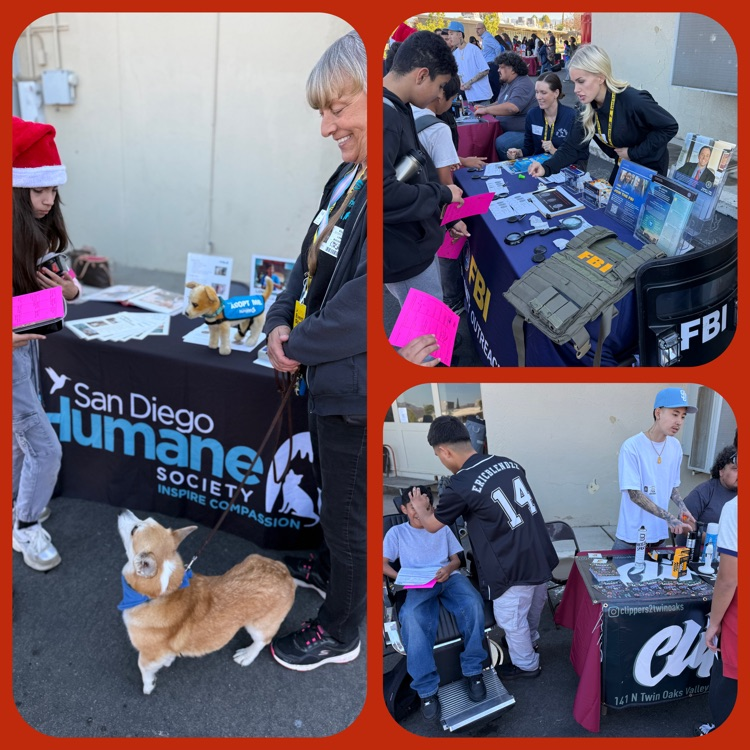 A collage featuring three of the professional organizations that came to this year's College & Career Day (San Diego Humane Society, F.B.I., and Clippers Barbershop)