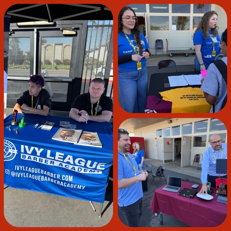 A collage featuring three of the professional organizations that came to this year's College & Career Day (Ivy League Barber Academy, Camp ¡Exprésate!, and Escondido Union School District)