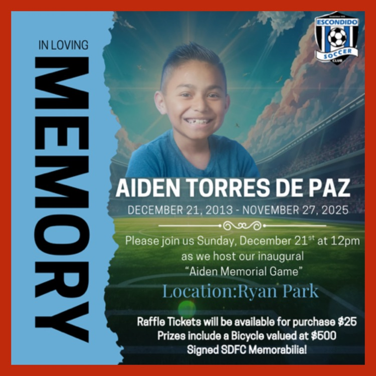 An English language flyer for the memorial soccer game being held by the San Diego Surf Soccer Club for Aiden