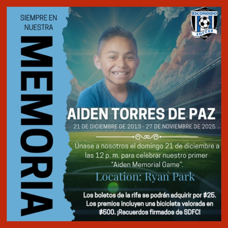 A Spanish language flyer for the memorial soccer game being held by the San Diego Surf Soccer Club for Aiden