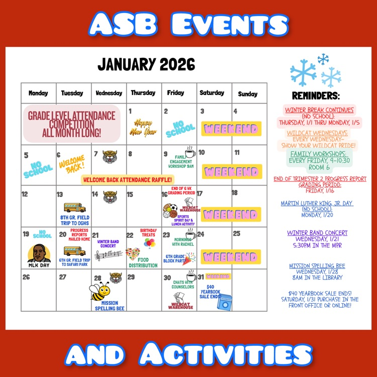 A calendar of ASB Events and Activities for January 2026