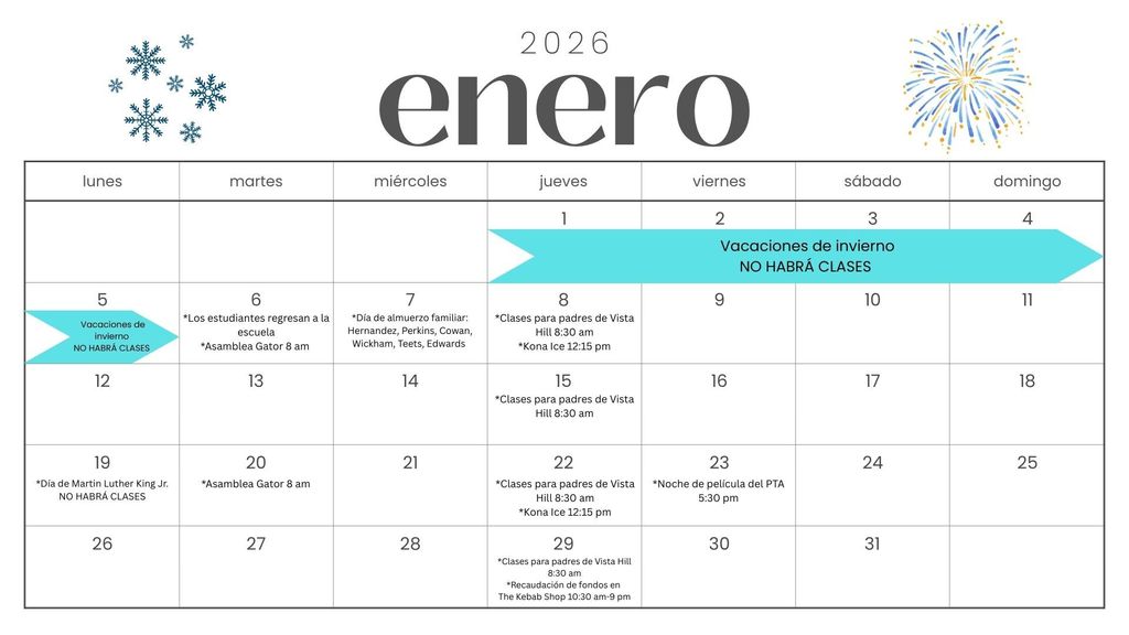January 2026 Parent Calendar Spanish 
