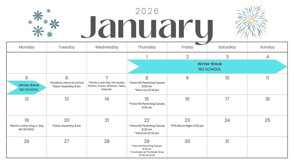 January 2026 Parent Calendar English