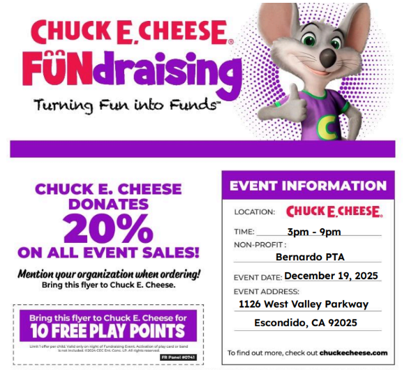 Chuck E Cheese Fundraising Flyer Friday 19th from 3-9pm at 1126 W. Valley Prkwy, Escondido