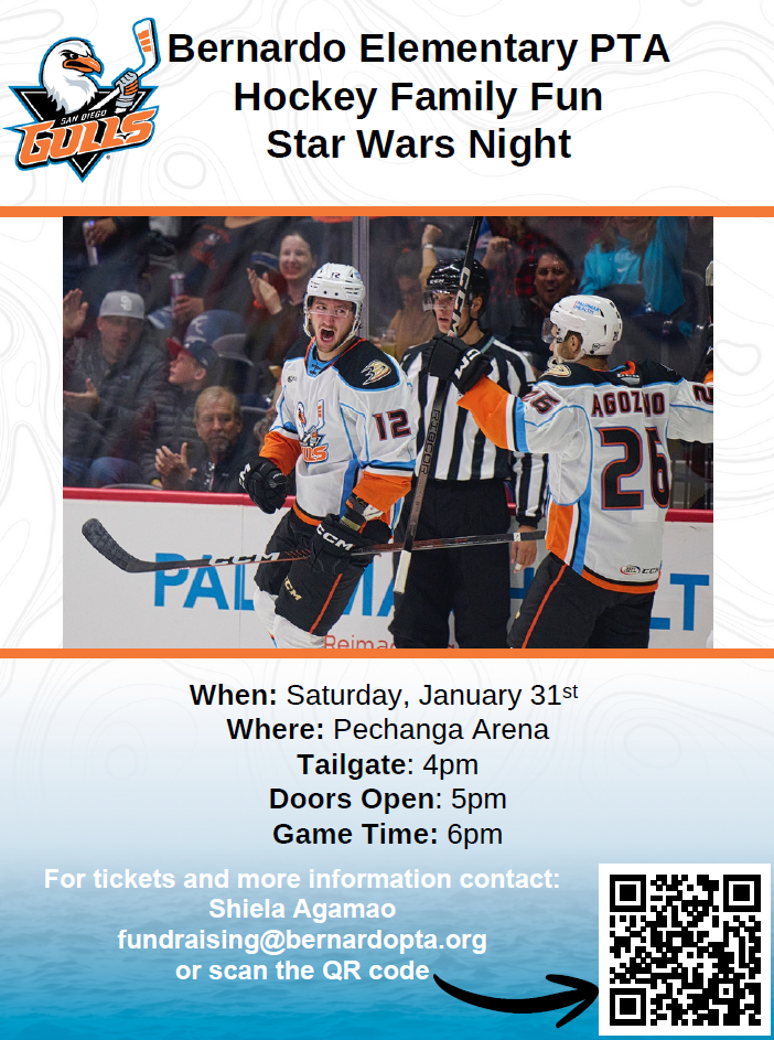 Flyer Bernardo PTA Hockey Family Fun Star Wars Night Jan. 31 at 4pm