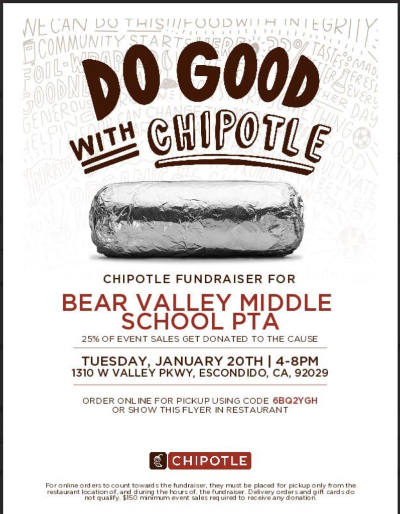 Family Night out at Chipotle on 1/20 from 4-8 PM 1310 W. Valley Pkwy, Escondido 92029