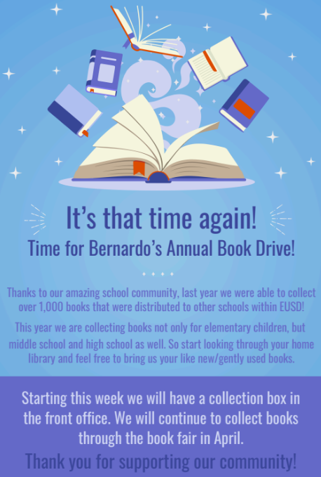 Flyer for a Book Drive at Bernardo Elementary starting this week