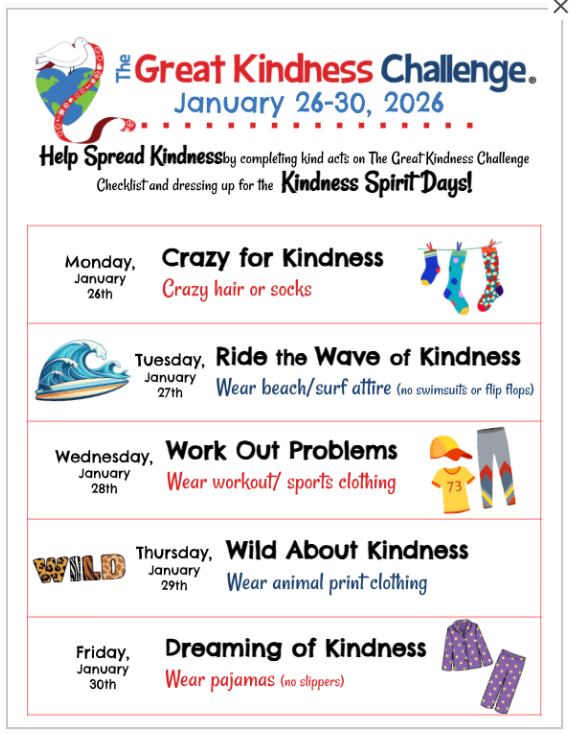 Great Kindness Challenge flyer for the week of January 26-30