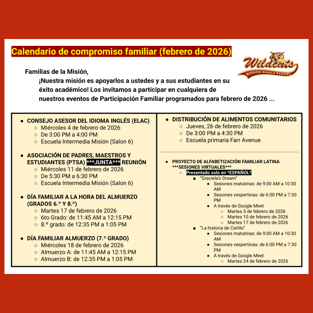 Page 1 (of 2) of the Spanish language Family Engagement Calendar for February 2026